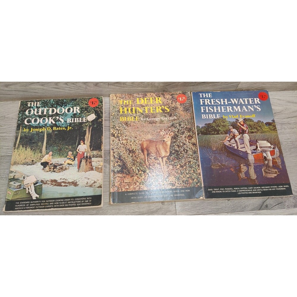 Lot of 3 Vtg Doubleday Books Deer Hunter Outdoor Cook Fresh Water Fisherman 60s